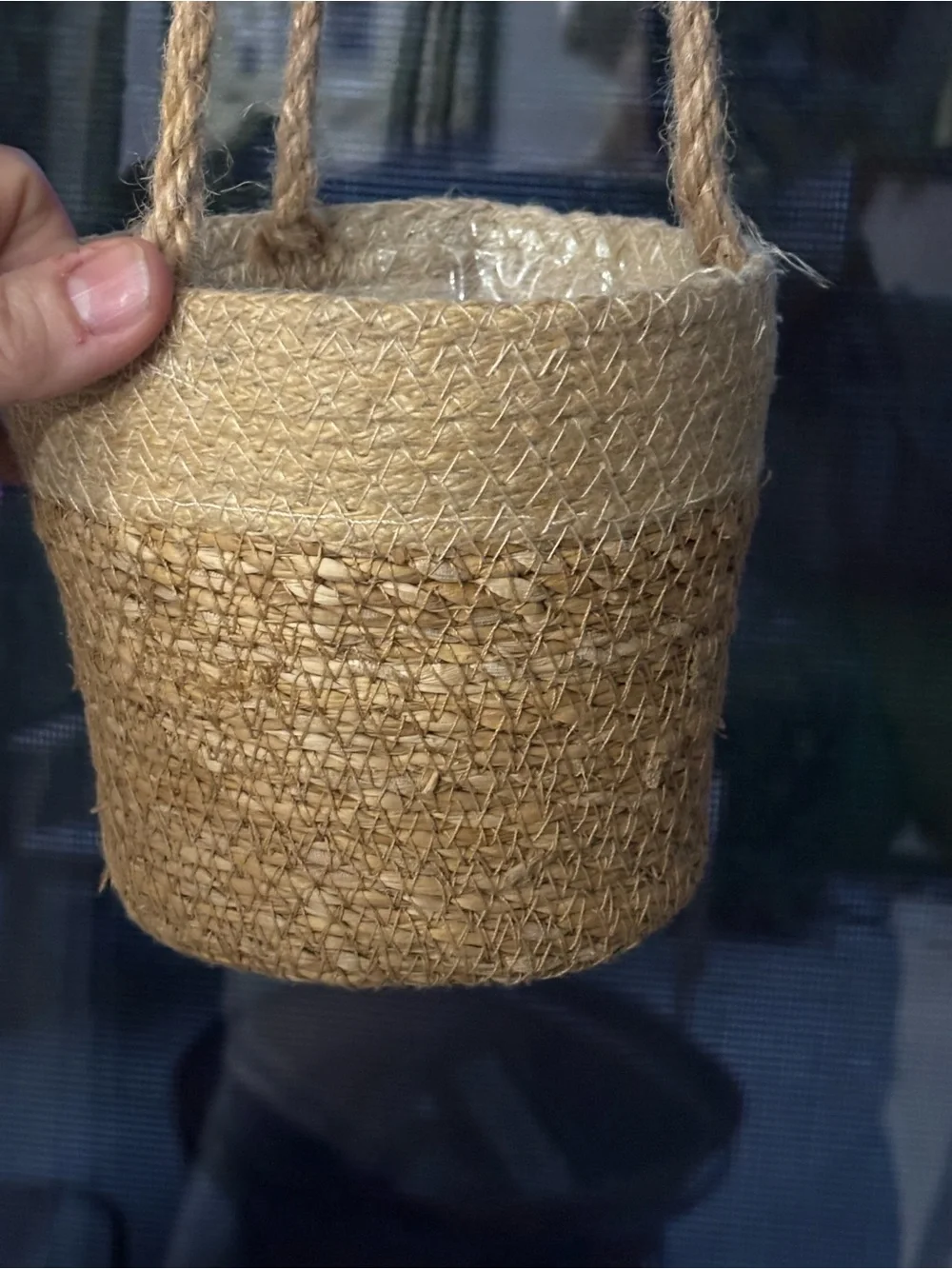 Two-Tone Woven 3-Rope Hanging Planter Natural Cream Jute Plastic lining 4” Home